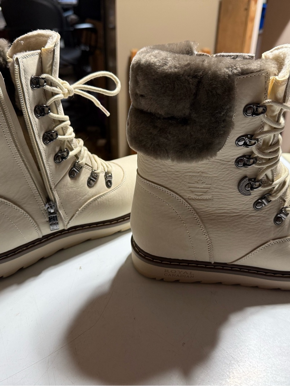 Cream Faux-Fur Lace-Up Winter Boots